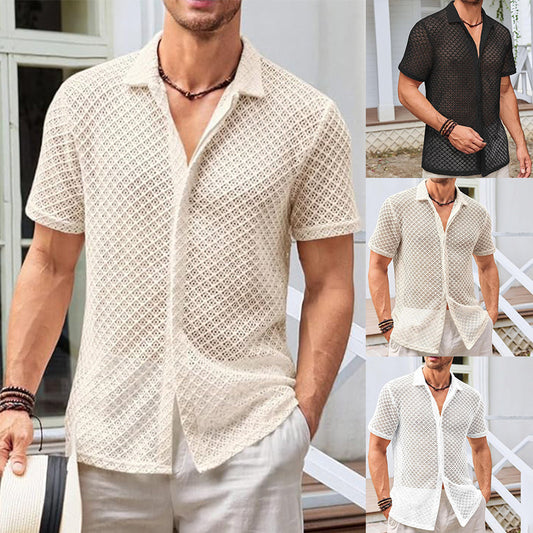 Summer Mesh Short Sleeve Shirt Fashion Solid Color Lapel Shirt Tops Beach Men Clothing