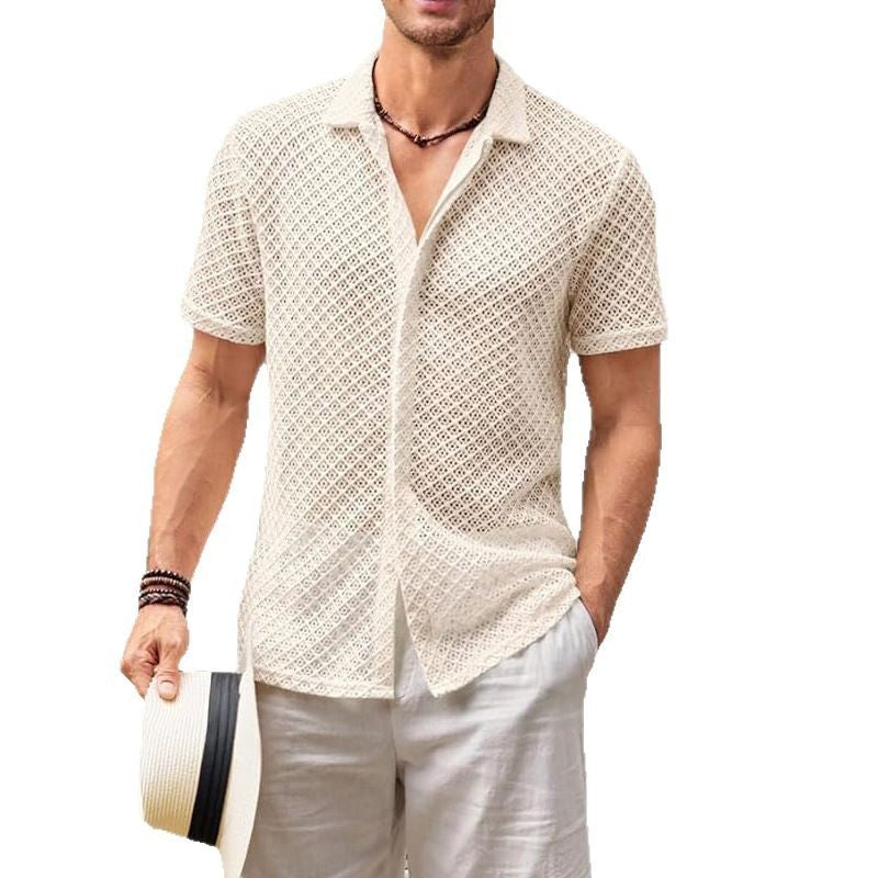 Summer Mesh Short Sleeve Shirt Fashion Solid Color Lapel Shirt Tops Beach Men Clothing