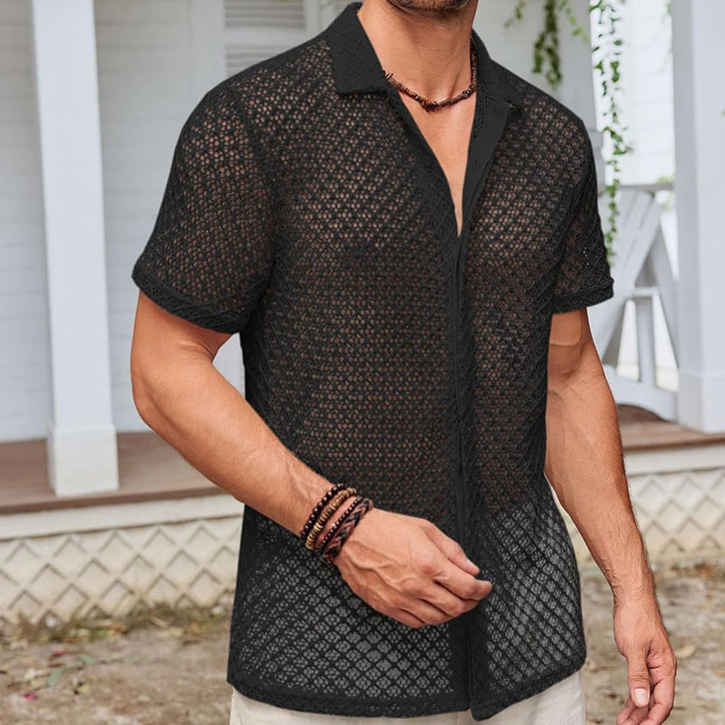 Summer Mesh Short Sleeve Shirt Fashion Solid Color Lapel Shirt Tops Beach Men Clothing